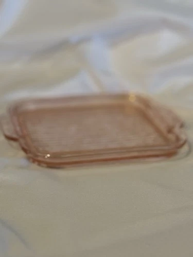 Vintage Pink Depression Jeanette Glass Handled Square Ribbed Etched Tray