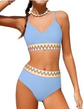 DONWEN Girls Swimsuits V Neck Bikini Set Textured High Waist Girl Two Piece 13