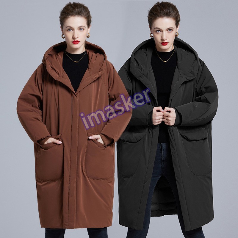 90% White Duck Down Loose Long Hooded Down Jacket Womens Windproof Warm Jackets