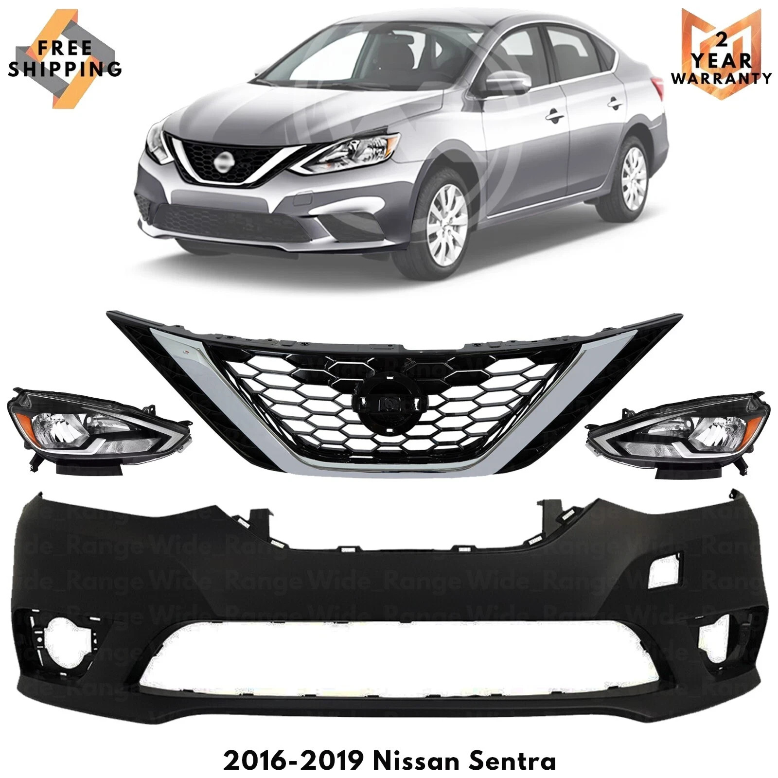 Front Bumper Cover Fascia & Grille Assembly Kit For 2016-2019 Nissan Sentra