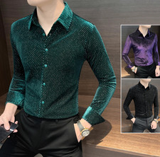 Men's Long Sleeve Velvet Dress Shirts Glitter Formal Slim Fit Prom Button Hot