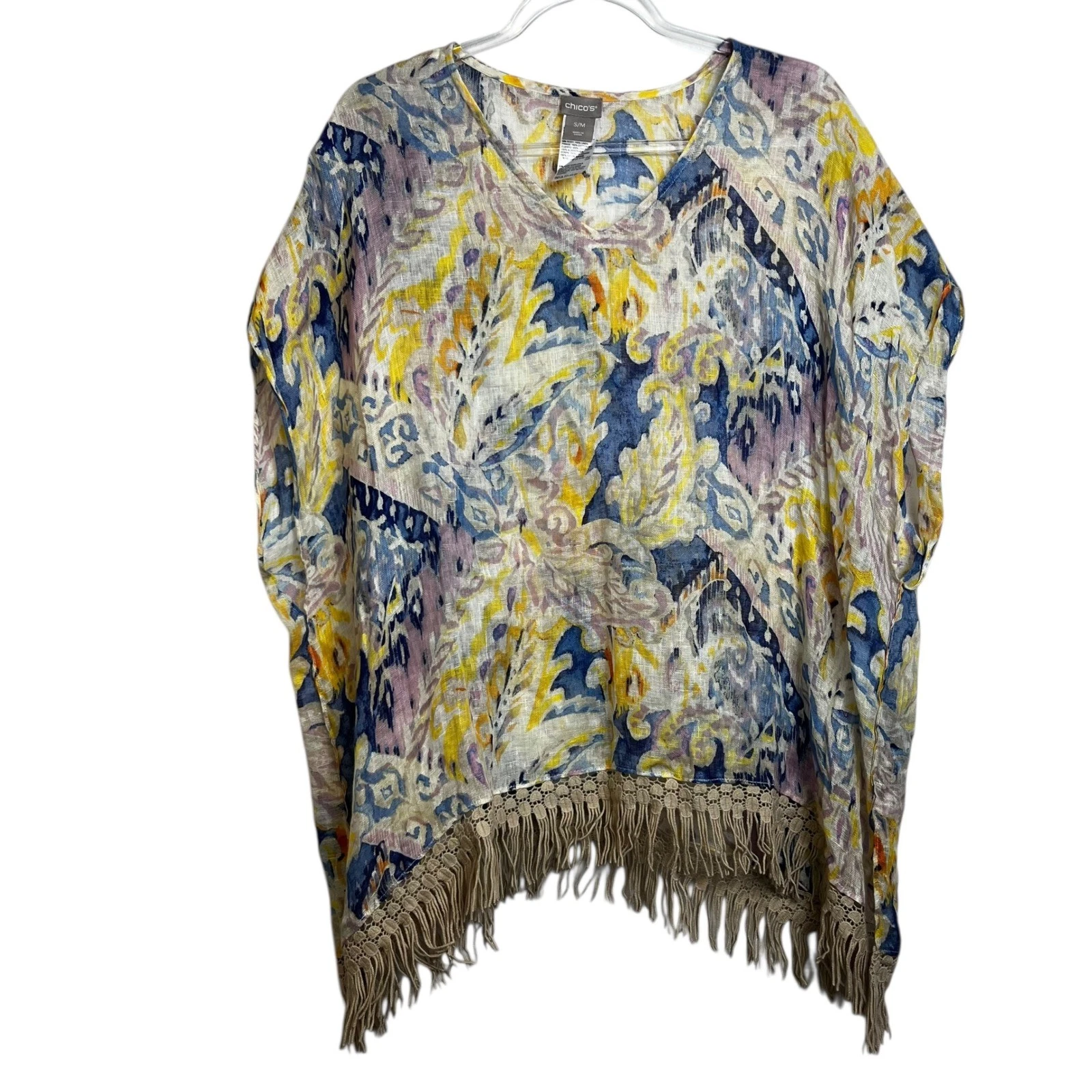 Chicos 100% Linen Ikat Paisley Poncho Swim Cover Top Blue Yellow Fringe Boho S/M