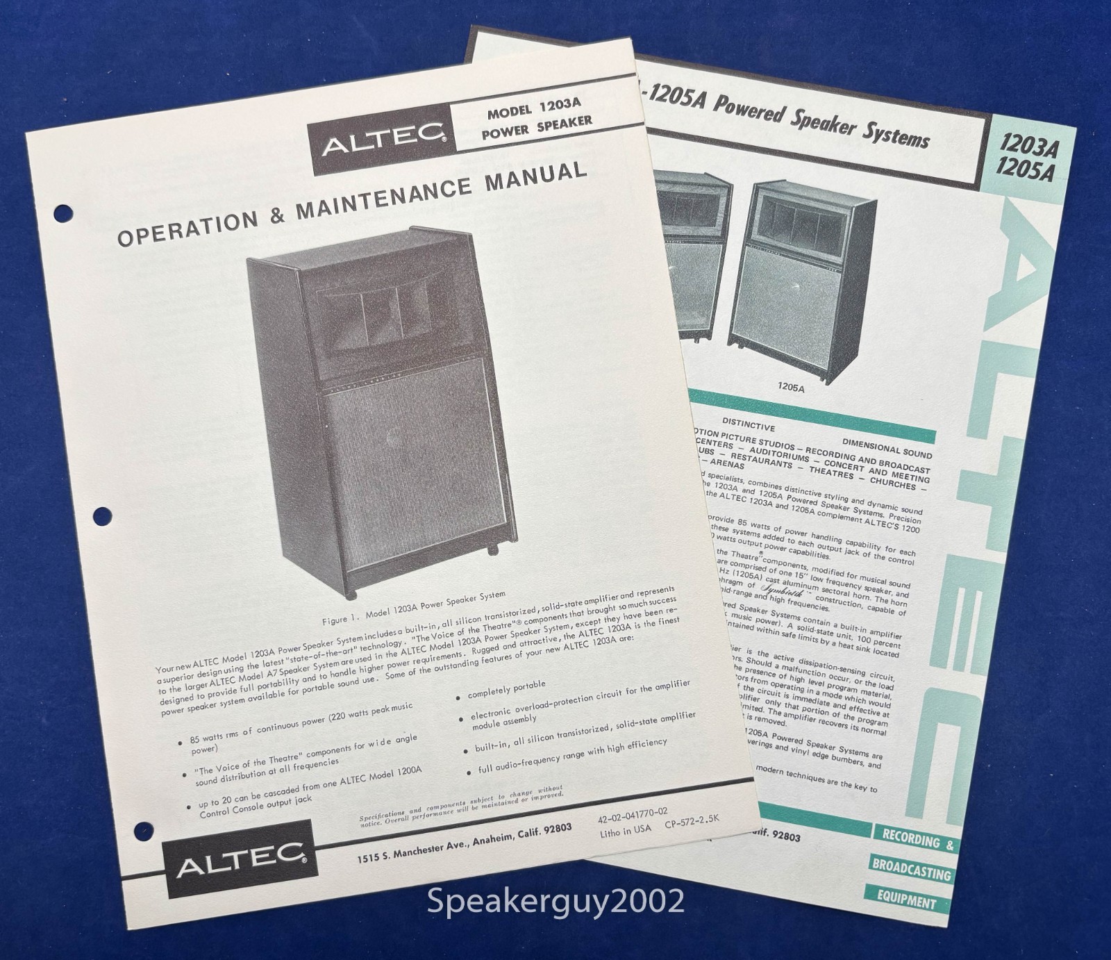 Vintage Altec Operation Manual & Spec Sheet / 1203A Speaker
