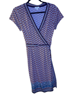 Max Studio M Blue Red White Geometric V-Neck Cap Sleeve Wrap Knee-Length Dress