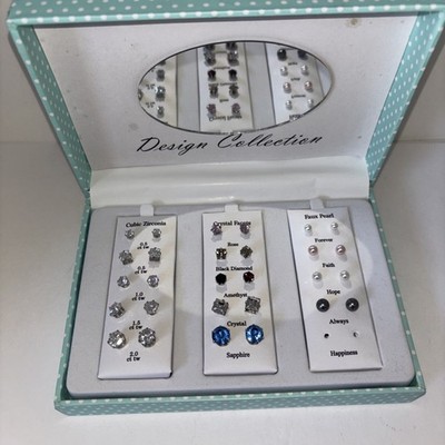 14 Pair Stud Earrings Mega Box Set Cubic Zirconia Faux Crystals Pearls FAST SHIP