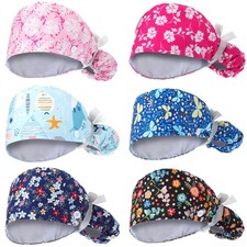 6 PCS Women Satin Lined Scrub Cap Ponytail Nurse Surgical Hat Pouch Button