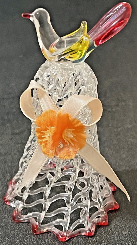 VTG Clear Spun Blown Glass Bell Ornament Glass Bird Handle Red & Yellow Accents