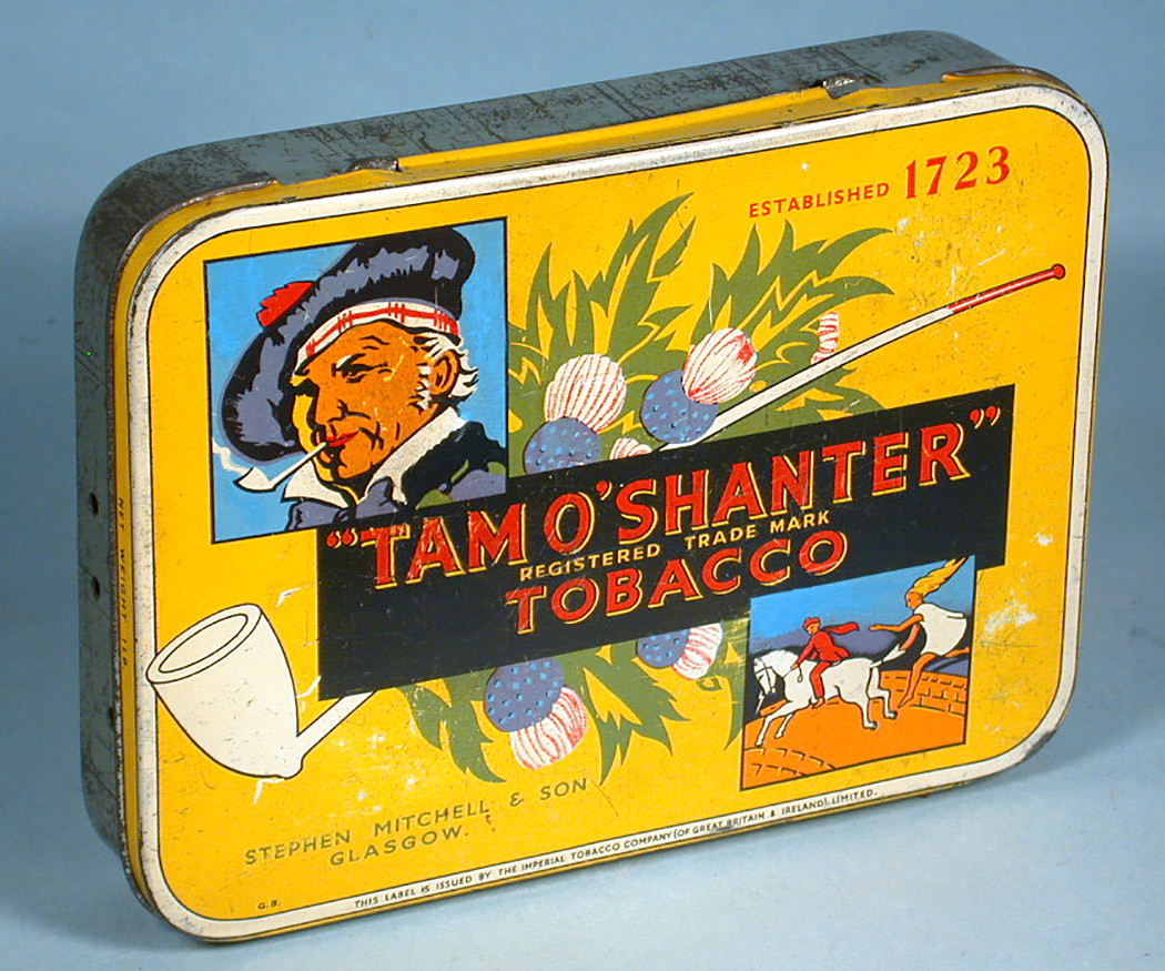tam o shanter tobacco tin 1930's Tam O'Shanter Tobacco Tin Halloween Related with Ghostly Midnight  Ride