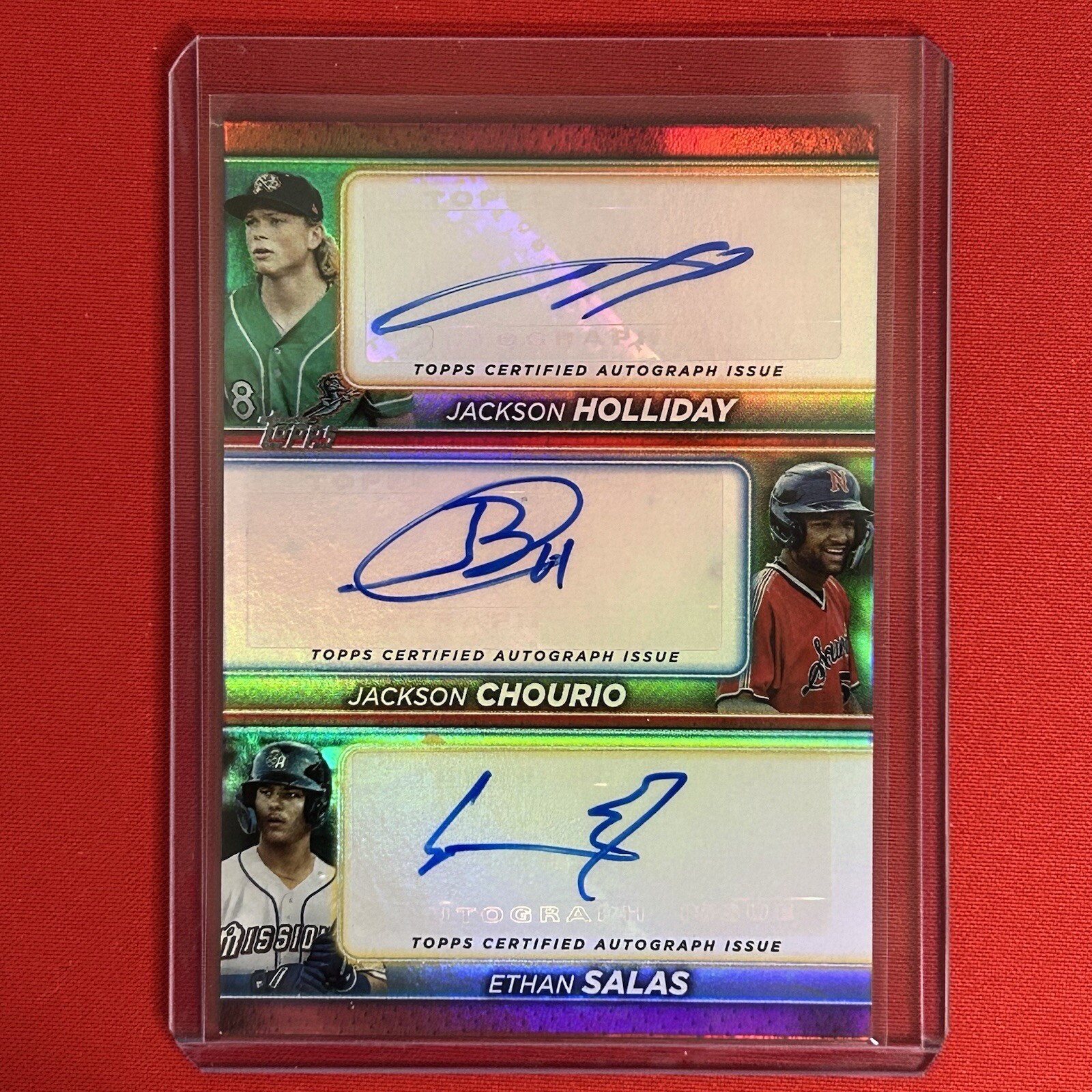 2024 Topps Pro Debut Baseball Holliday Chourio Salas Triple Auto Red Foil 04/10