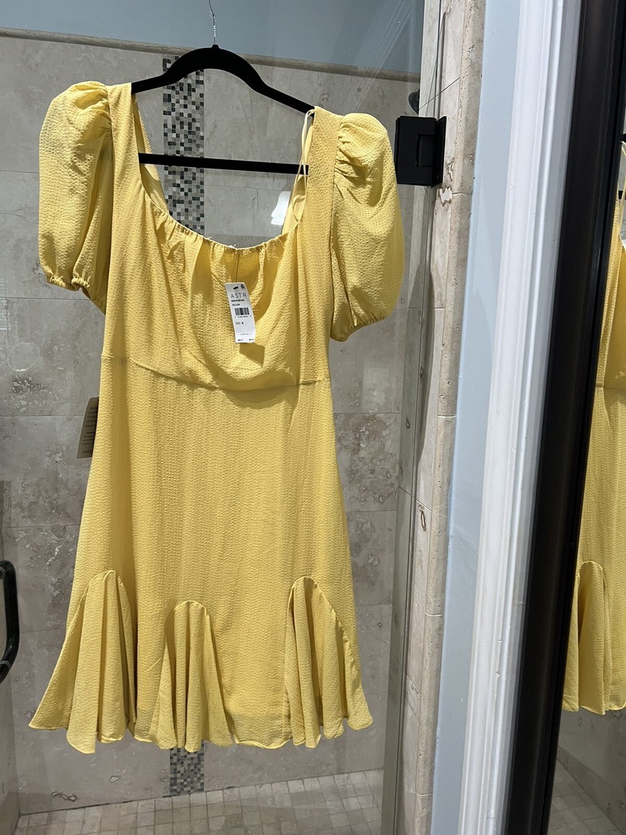 ASTR Wendy Puff Sleeve Mini Dress - Yellow Flutter Hem M New Nwt | eBay