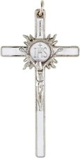 White First Communion Crucifix Pendant Silver Tone Cross with Enamel 2.25 Inches