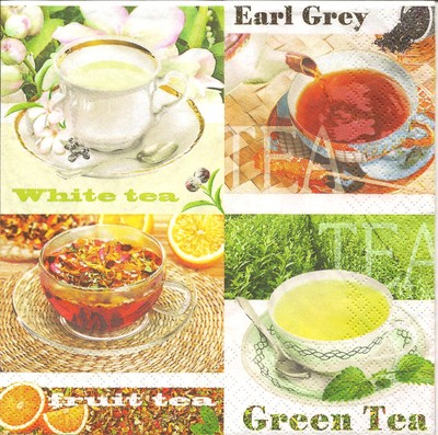 4 Single Paper Napkins for Decoupage Tea Cup Green White Fruit Tea