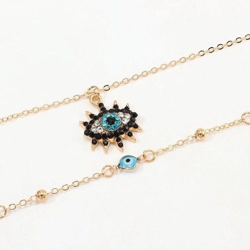 Watchful Evil Eye Gold & Blue Greek Turkish Symbol Double Layered Necklace - Picture 3 of 5