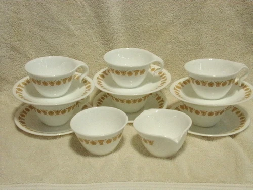 14 Pcs Corelle Butterfly Gold Hook Handle Coffee Cups Saucers Creamer Sugar Bowl