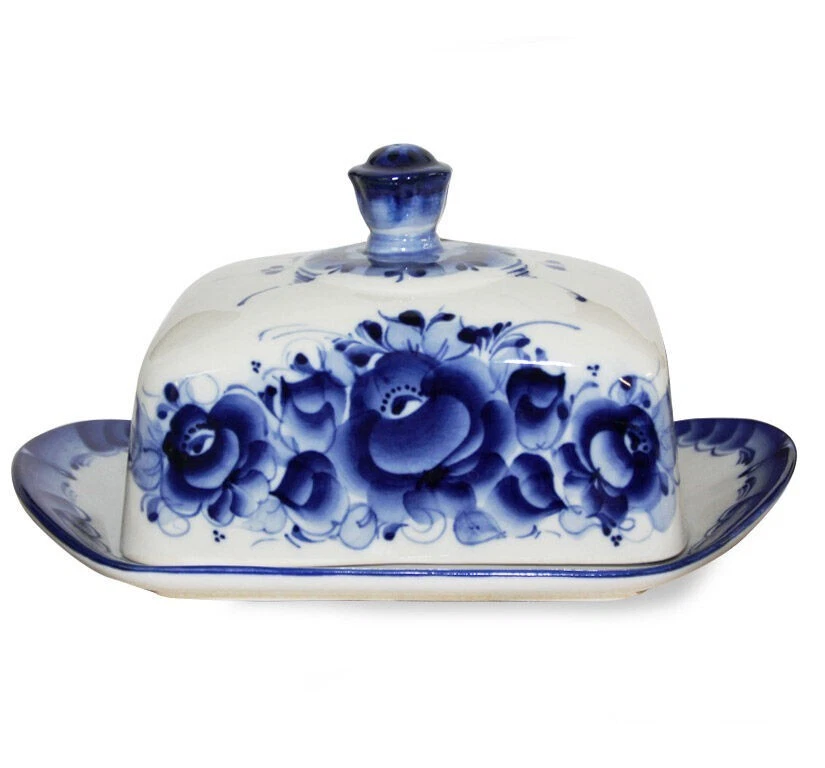 Gzhel Butter Dish 7.8x4.9x3.5'' Butter Keeper Porcelain Dish with Lid