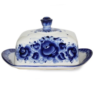 Gzhel Butter Dish 7.8x4.9x3.5'' Butter Keeper Porcelain Dish with Lid
