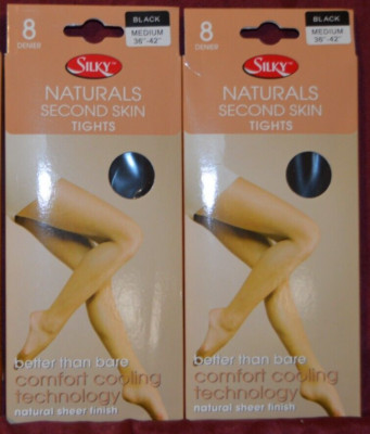 2 Pair Silky Naturals Second Skin Tights Black Medium 8 DEN Sheer Finish (G2)