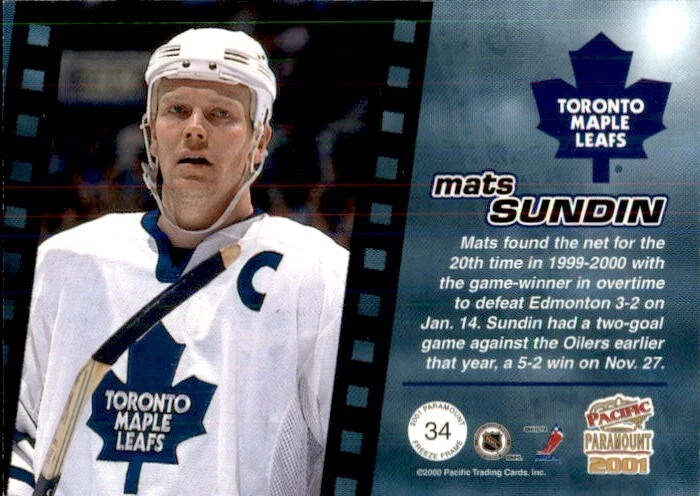 2000-01 Paramount Freeze Frame Mats Sundin #34 - Image 2 of 2