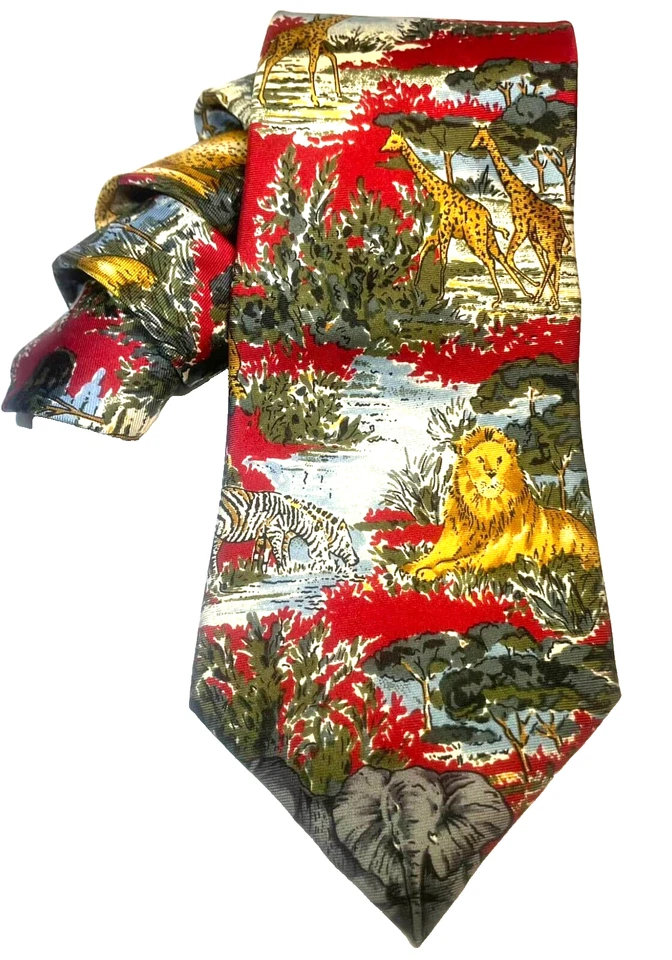 复古男式丝绸领带 Pierre Cardin 狮子野生动物大象长颈鹿 Saffari 美国 — 第 3/4 张图片