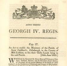 Antique Act of Parliament Feu their Glebe Lands Saint Cuthberts Edinburgh 1822