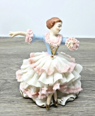 Vintage 1950s Frankenthal Dresden Art Lace Blue Dancer Figurine