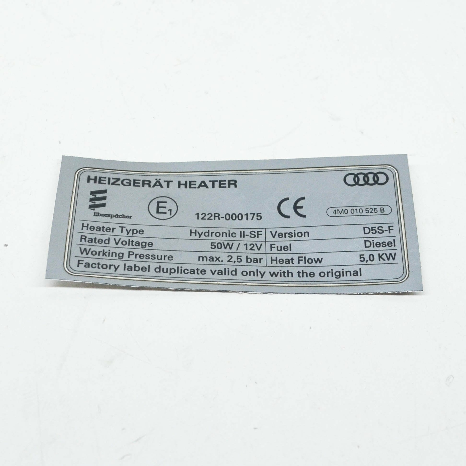 NEW AUDI Q7 4M VEHICLE DATA TAG FOR AUXILIARY HEATER 4M0010525B ORIGINAL