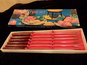 6 Vintage Wood Handle Multi-Colored Stainless Fondue Forks ~ 10.25" Fred Roberts