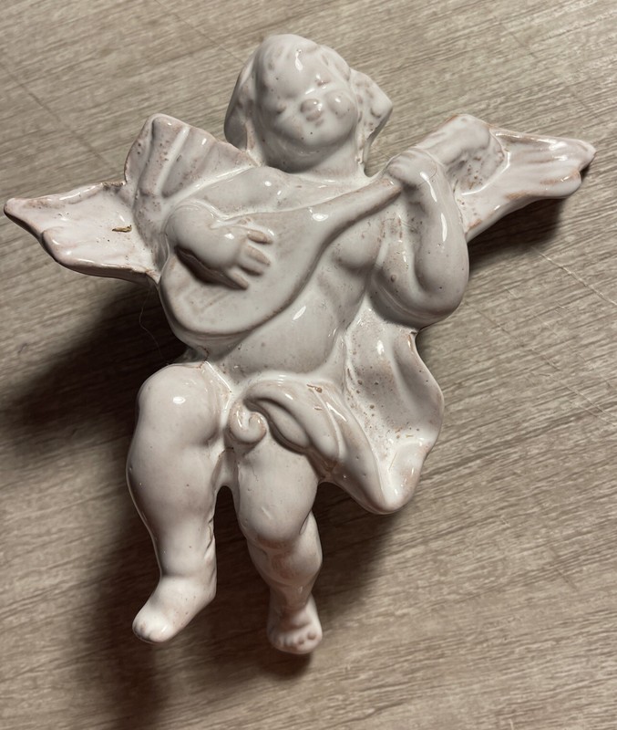 Vintage Handcrafted Ceramic Angel Playing Instrument Wall Hanging