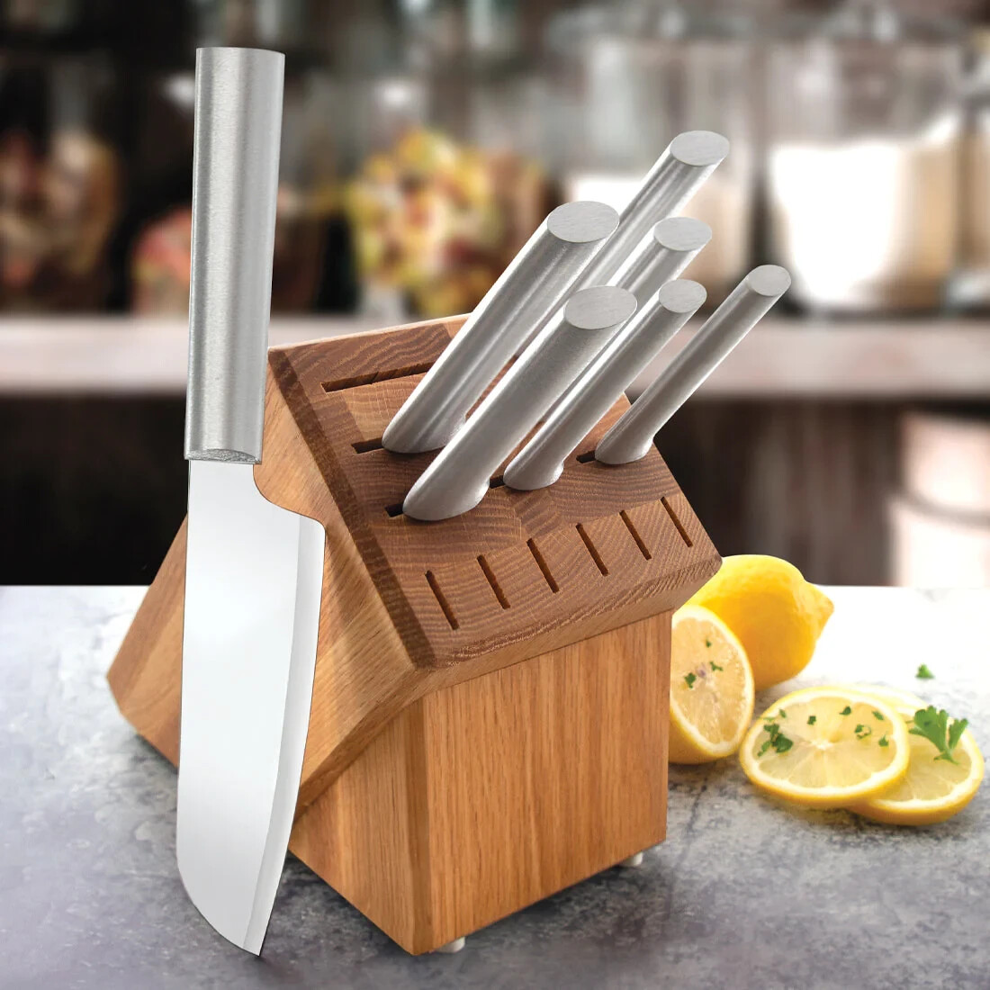 RADA CUTLERY S58 ESSENTIAL OAK BLOCK SET SILVER HANDLE