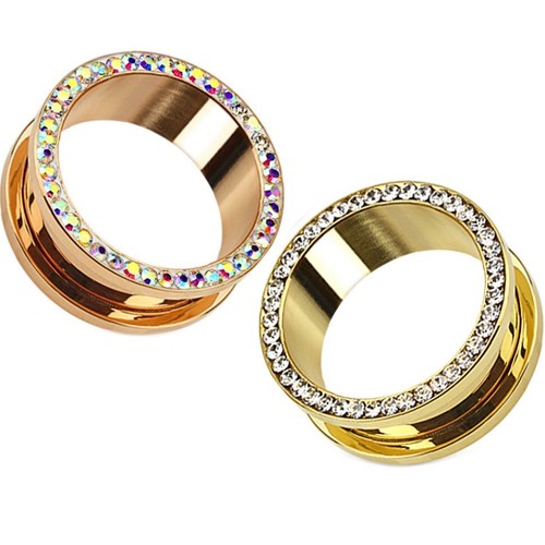 PAIR MULTI GEM RIM TUNNELS EAR GAUGES SCREWFIT PLUGS GOLD/ROSE GOLD