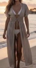 Rebellion Duster Beach Cover Up Sz S Beige Lace Boho Kimono Cardigan