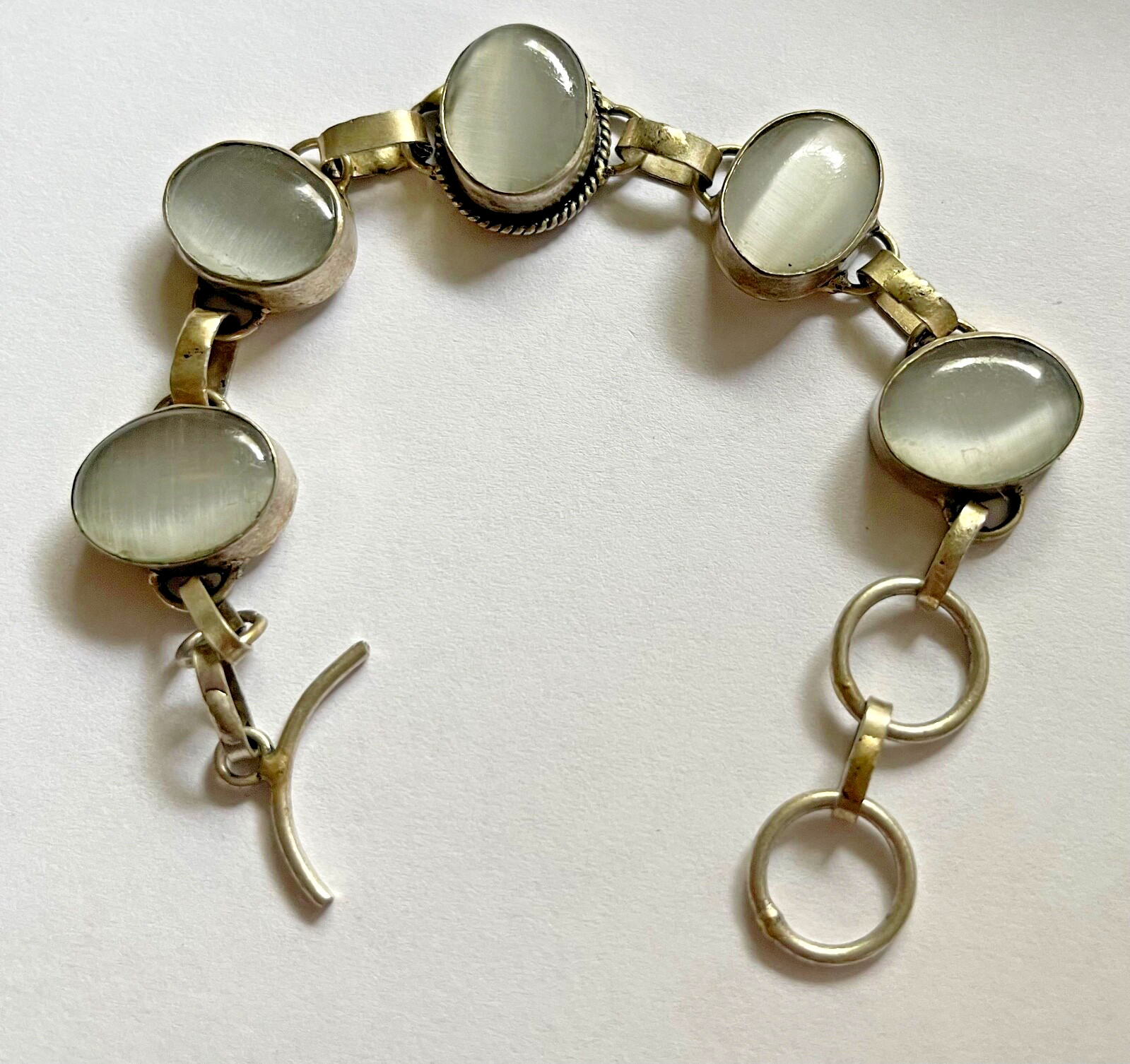 925 Sterling Silver - Vintage Mother Of Pearl Oval Link Chain Bracelet