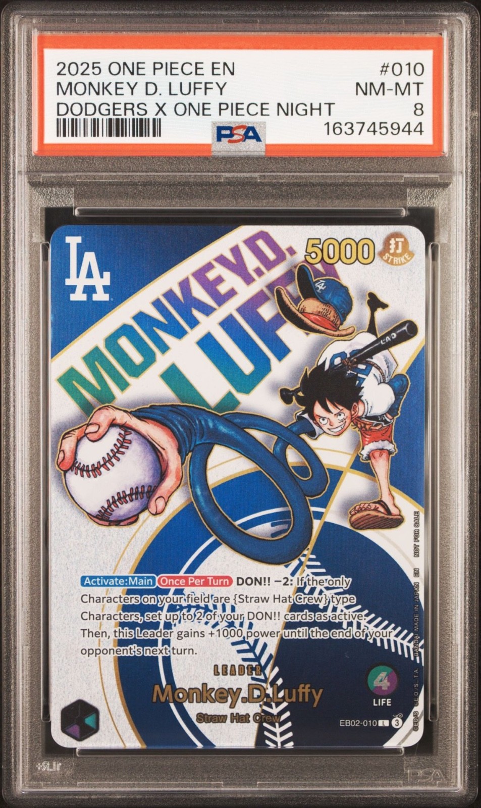 One Piece Monkey D Luffy Dodgers X One Piece Night EB02-010 PSA 8