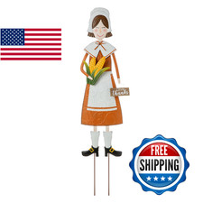 Glitzhome Thanksgiving Yard Stakes Metal Pilgrim Girl Yard Signs Hanging Wall De