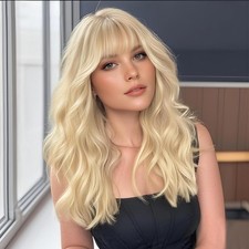 Blonde Wigs for Women Blonde Wig with Bangs Long Wavy Curly Wigs Natural Look...