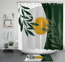 Boho Modern Mid Century Green and Gold Shower Curtain Bathroom Accessories Set