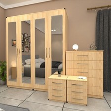 4 Door Mirrored Wardrobe Set – Pre Assembled with 2 Bedside & Chest Drawer