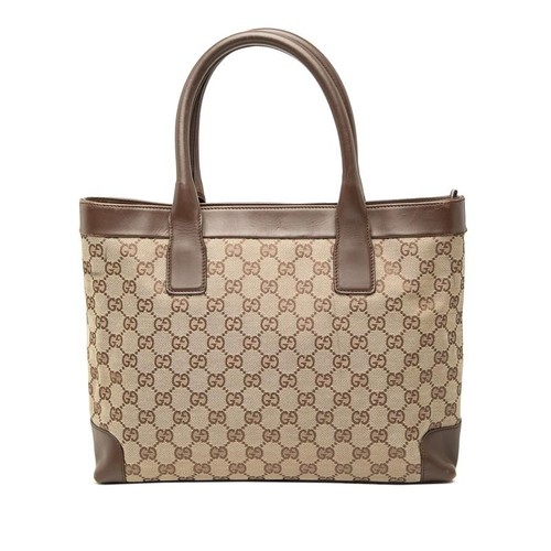 Gucci GG Canvas Handbag Tote Beige Brown Canvas Leather Women's