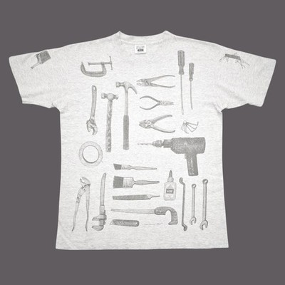 Rel E Vant All Over Graphic Vintage T-Shirt 90er Größe L Home Tools 1994 grau