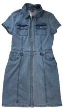 Guess Denim Shirt Dress M Blue Full Zip Front Short Sleeve Utility Stretch