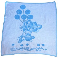 EUC Vintage San Marcos Reversible Blue White Baby Blanket Teddy Bear Balloons
