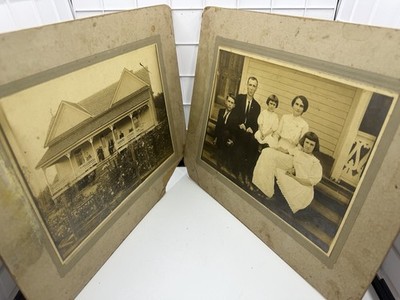 2 Antique Family Photos in 1913, Identified, Mounted Group Porch Photo Americana