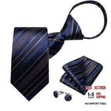 Silk Zipper Ties for Men,Paisley Solid Plaid Pre-tied Tie and Navy Blue Brown