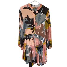 Olivacious Abstract Leaf Print Button Front Tie Long Sleeve Dress Women Size S