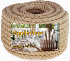 Manila Rope 3/4 Inch X 100 Ft, Natural Hemp Rope 4 Strand Twisted, Thick for Cra