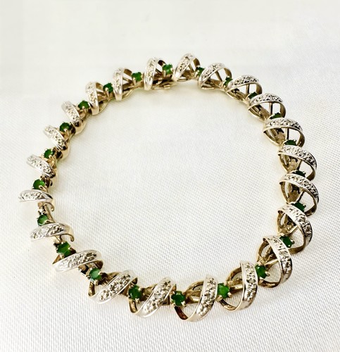 Spiral Link 10K Gold India Emerald Bracelet 7.3" 11.21g 22 Stones, Estate - Picture 8 of 9