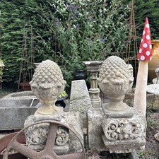Pair of composition stone finials acorns garden features gate post tops 