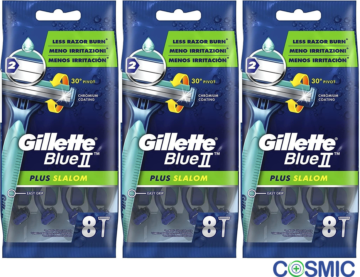 3 X Gillette Blue II Plus Slalom Men's Disposable Razors 8's