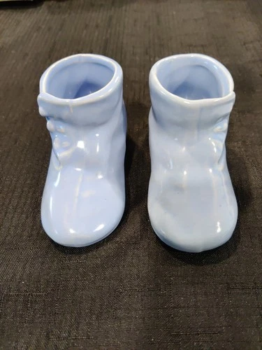 Vintage Pair Blue Baby Booties Shoes Ceramic Pottery Planters USA Shawnee