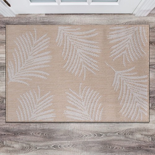 Contemporary Palm Leaves Textured Flat Weave Easy Cleaning Outdoor Rugs for D...
